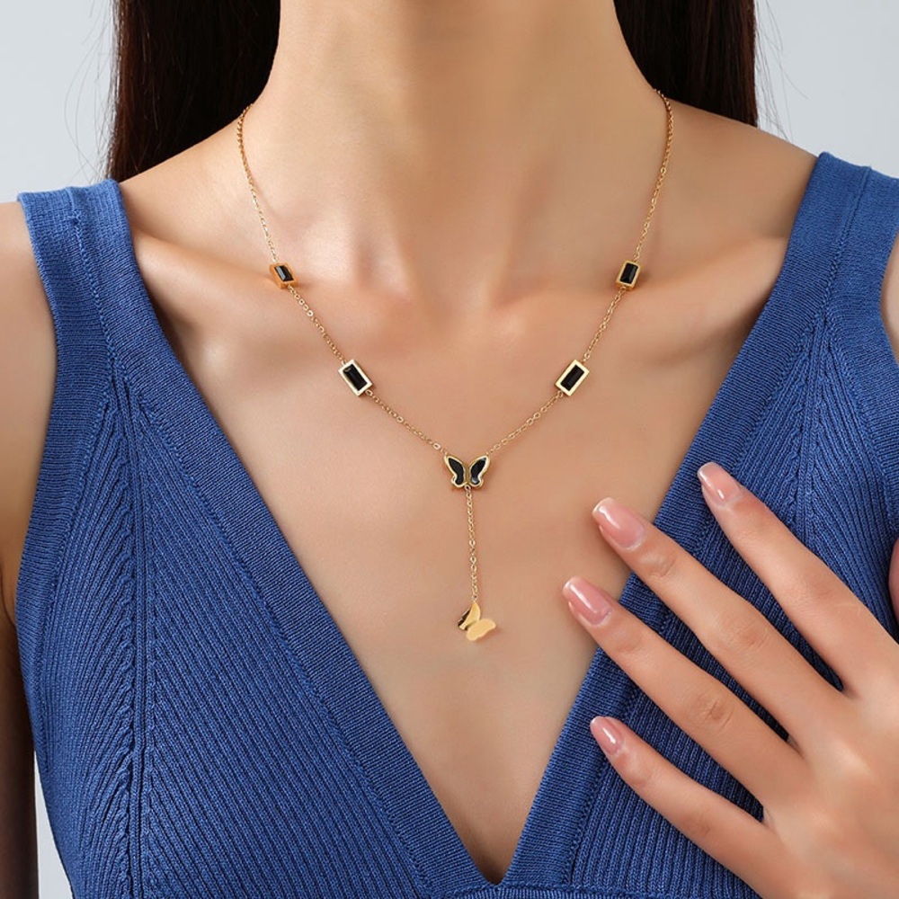 NEW💎18K Gold Plated Butterfly Necklace*Black Zircon Necklace*Long Necklace*AR